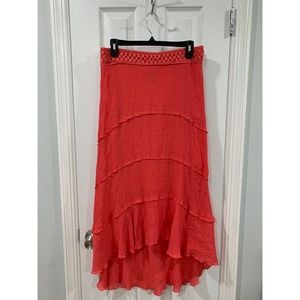 Asymmetrical, midi, ruffled, Coral colored skirt